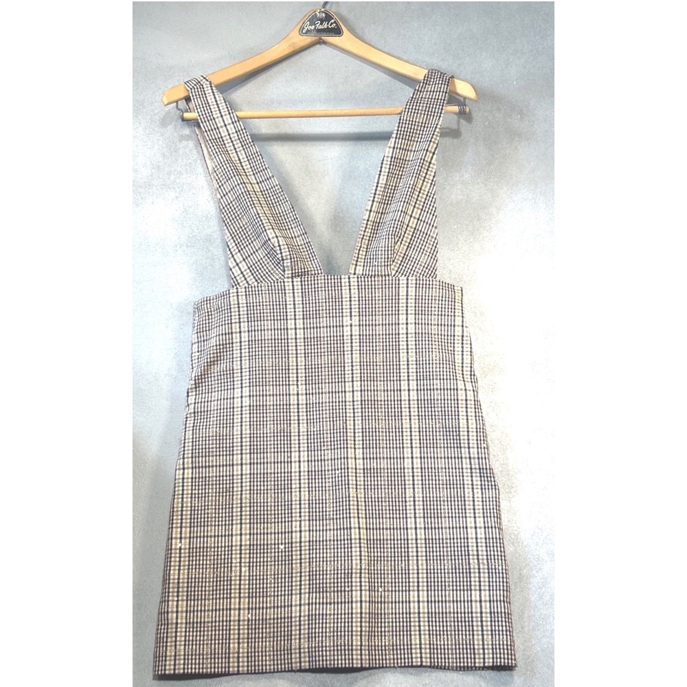Zara Plaid Pinafore Dress Brown Navy Metallic Check V-Neck Mini Overall Size S